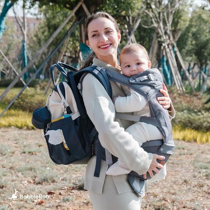 BabbleRoo Grow Carrier – 6-in-1 Baby Carrier with Hip Seat, Ergonomic, Cozy & Adjustable Toddler Carrier 7-50 lbs with Hip & Lumbar Support, Hood for Sun Protection, Newborn to Toddler, Denim Leaves