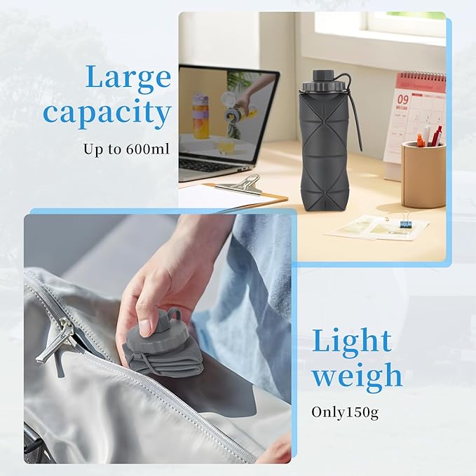 YCT Collapsible Silicone Travel Water Bottle 20oz (600ml), Reuseable Leakproof BPA Free Foldable Sports Bottle, with Carrying Strap, Blue