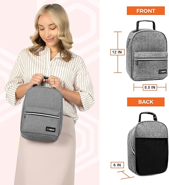 opux Lunch Box for Girls Boys Kids, Insulated Leakproof Lunch Bag, Reusable Teen Lunch Boxes for School, Medium Large lunchbox for Women Men Adult for Work with Front Back Pocket (Gray)