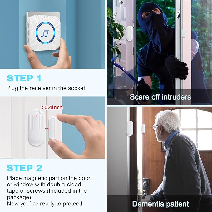 Door Chime,Wireless Door Open Alarm-SANJIE Door Entry Chime with 26 Chimes 5 Adjustable Volume Mute Mode for Business/Home/Store, Pool Alarm with 500ft Range LED Indicators, 1 Receivers + 1 Sensors