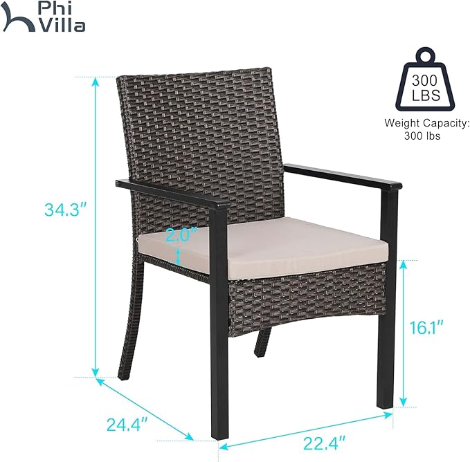 PHI VILLA Outdoor Wicker Chairs Set of 2, Rattan Covered Metal Armchairs with Removable Cushion, Heavy Duty Furniture Set for Patio, Deck, Porch, Yard