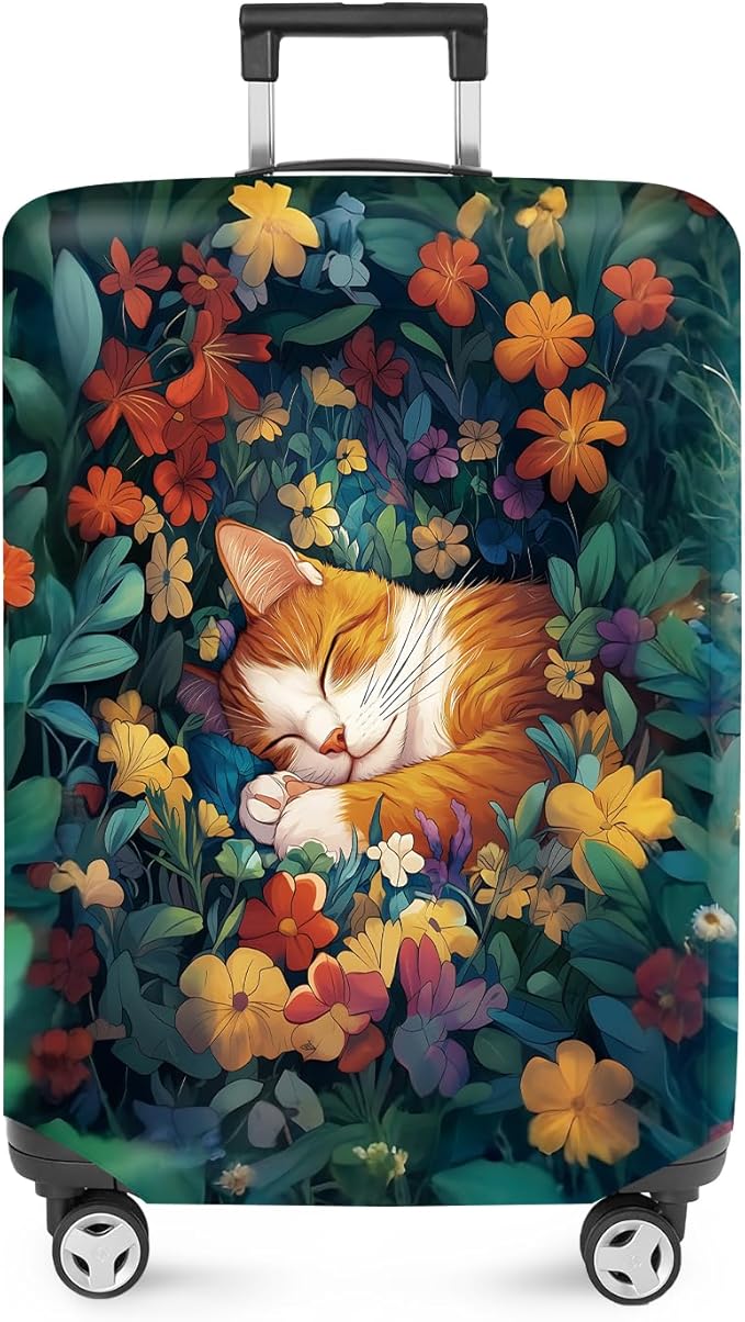 ANNA QUEEN Dreamy Cat Luggage Cover, Cat Sleeping in a Flower Field Design, Stretchable, Washable Travel Protector for 24-26 Inch Luggage
