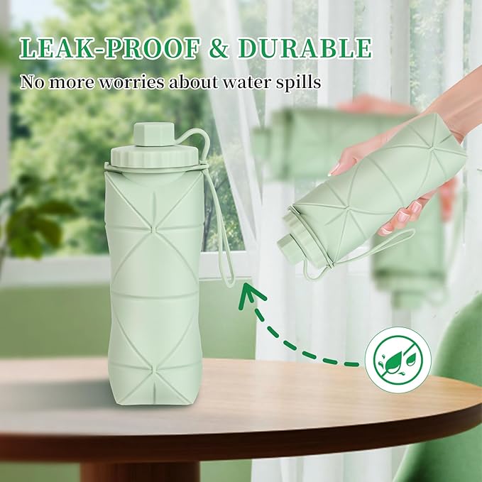 YCT Collapsible Silicone Travel Water Bottle 20oz (600ml), Reuseable Leakproof BPA Free Foldable Sports Bottle, with Carrying Strap, Dark Gray + Blue