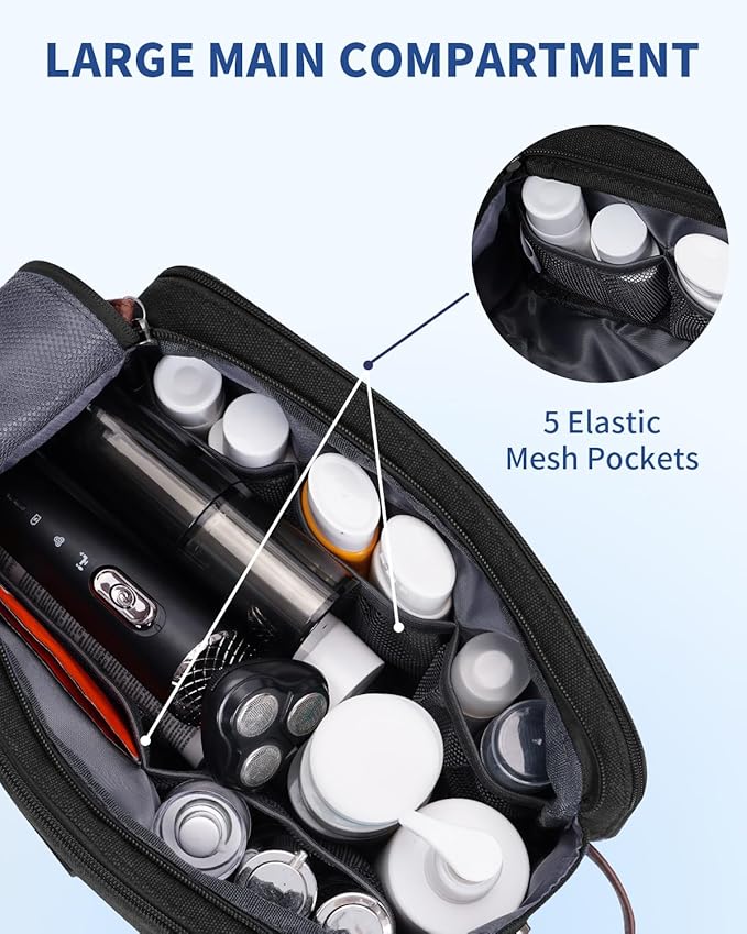 WANDF Toiletry Bag for Men Travel Toiletry Organizer Canvas and Leather Dopp Kit Water-Resistant Shaving Bag for Travel Accessories (Black, Large)