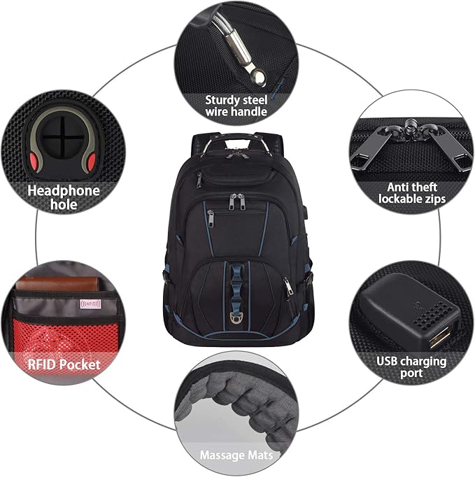 Laptop Backpack, Blue, 55L Capacity, TSA Approved, Multipurpose, Convenient USB Port, Comfortable Back Design, Durable Polyester Fabric