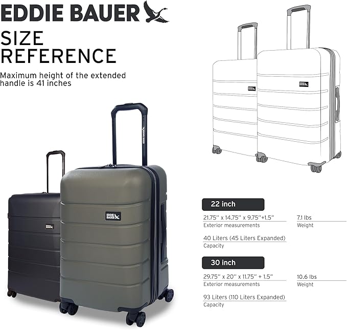 Eddie Bauer Glacier Carry-On 22" Luggage | Hardside | Spinner Wheels | Expandable | Lightweight | Travel Essentials - Carbon Grey