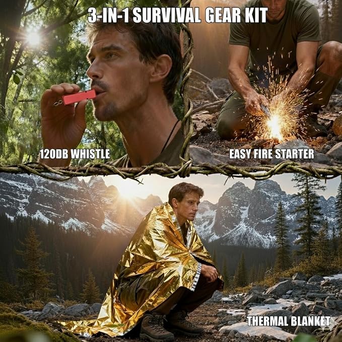 Professional 3-in-1 Survival Kit: Emergency Blanket, 120dB Whistle & All-Weather Fire Starter | Ultimate Safety Gear for Camping, Hiking, Car Emergencies & Storms (3-in-1 5pcs)