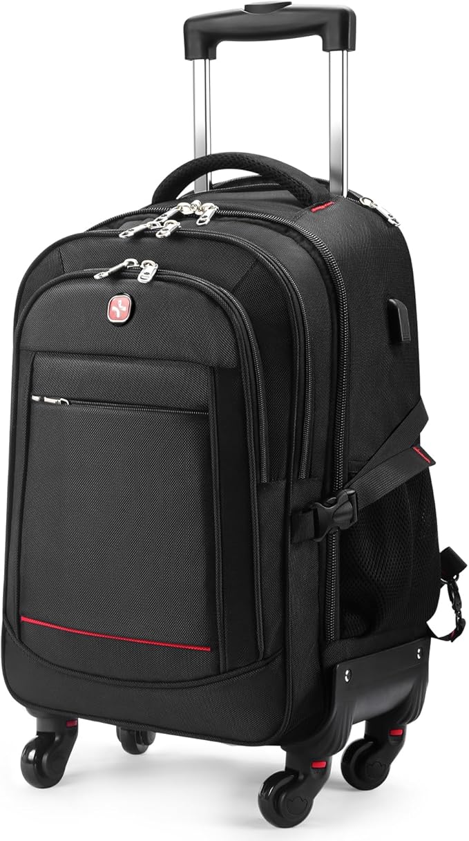 Rolling Backpack with Wheels - Water-Resistant, Airline Approved Underseat Travel Luggage, Ideal 18*14*8 Personal Item Suitcase, Wheeled Backpack, Roller Backpack, and Rolling Laptop Bag