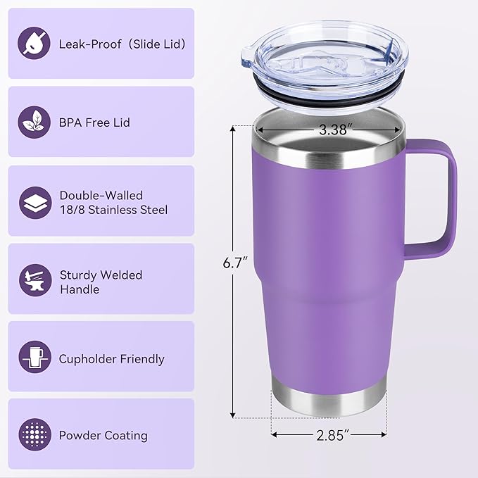 HASLE OUTFITTERS 20oz Tumbler Bulk with Lid, Stainless Steel Tumbler Bulk with Handle, Metal Insulated Travel Coffee Mug Set with Handle, Double Wall Vacuum Leak Proof Tumbler Cup, Purple 6 Pack