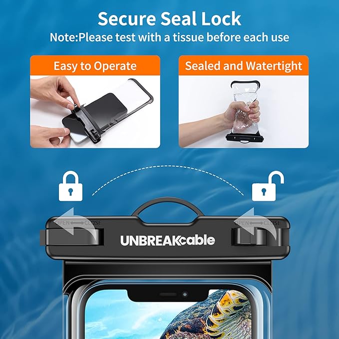 UNBREAKcable Waterproof Phone Pouch-2 Pack IPX8 Waterproof Phone Case for iPhone 16 15 14 13 12 11 Pro Max & Samsung S25 S24 S23-Dry Bag & Travel Essentials for Beach, Pool, Kayak & Cruise-7" Black