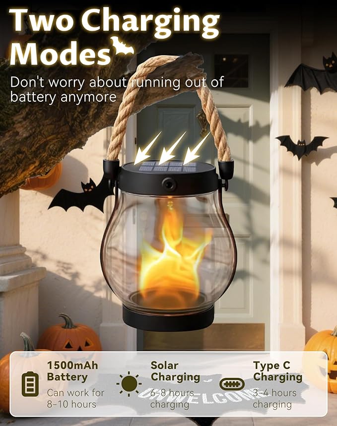 Kaliqo Solar Lantern Outdoor Lights - Official, Waterproof Kaliqo Solar Flame Lights Hangable with Dancing Flame, Hemp Rope Hanging Flame Lanterns,Dual Charging Modes, Smokeless (5pack)
