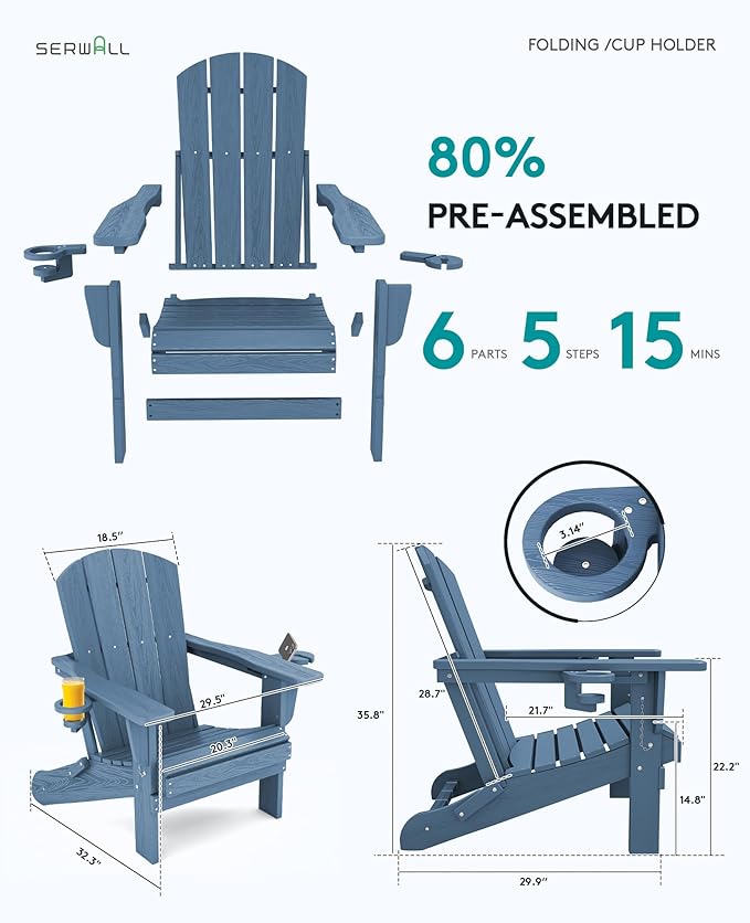 SERWALL Folding Adirondack Chair, HDPE Adirondack Chairs Set of 6, Plastic Outdoor Chairs- Looks Exactly Like Real Wood- Navy