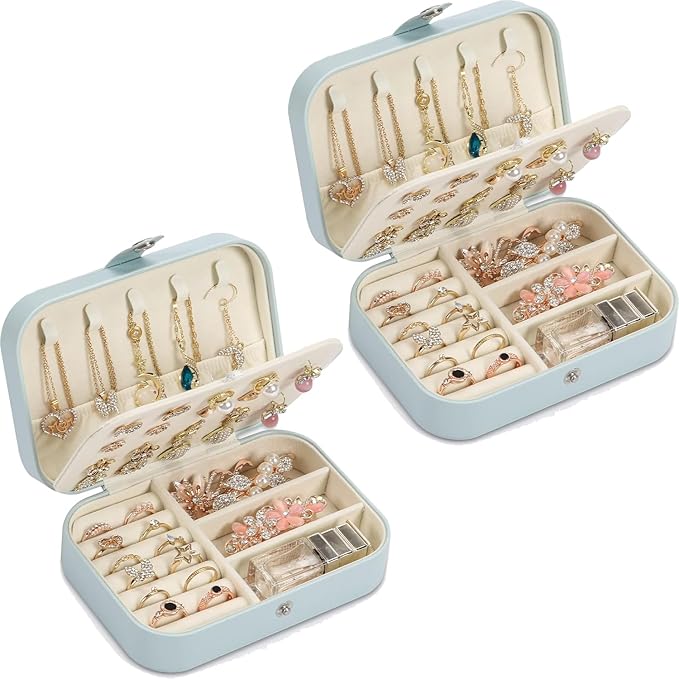 Travel Jewelry Box, PU leather Small Jewelry Organizer For Female Girls, double layer portable mini travel case for storing earrings, rings, necklaces.(blue 2pcs)