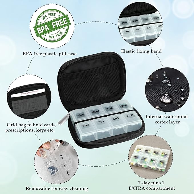 Serfeymi Weekly Travel Pill Organizer Pill Case for Purse with Removable 7 Day Pill Box, Fashionable Travel Medicine Organizer Pill Container for Medicine, Vitamin, Supplement - Black 01 + Pill Box