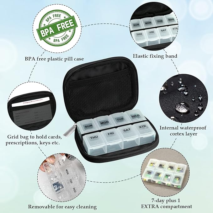 Serfeymi Weekly Travel Pill Organizer Pill Case for Purse with Removable 7 Day Pill Box, Fashionable Travel Medicine Organizer Pill Container for Medicine, Vitamin, Supplement - Black 03 + Pill Box