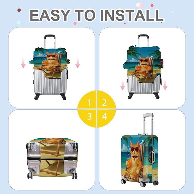 ANNA QUEEN Summer Cat Luggage Cover, Cat in Sunglasses with a Beach Drink, Stretchable, Washable Travel Protector for 20-22 Inch Suitcases