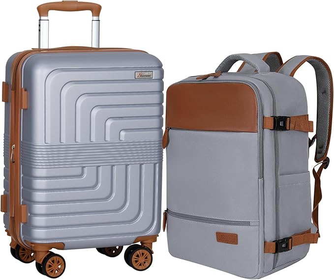 Romswi Luggage Sets 2 Piece 22In, Expandable 22x14x9 Carry On Luggage with Travel Backpack, PC+ABS Hardside Suitcase Set with TSA Lock, Durable Carry On Suitcase with Spinner Wheels Silver