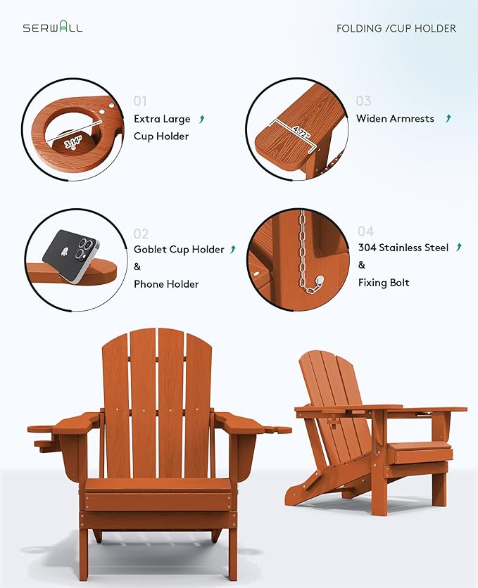 SERWALL Adirondack Chair with Cup Holders - Composite Adirondack Chairs Set of 6 HDPE Outdoor Chairs All Weather Use- Orange