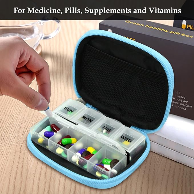 Serfeymi Weekly Travel Pill Organizer Pill Case for Purse with Removable 7 Day Pill Box, Fashionable Travel Medicine Organizer Pill Container for Medicine, Vitamin, Supplement - Blue 03 + Pill Box
