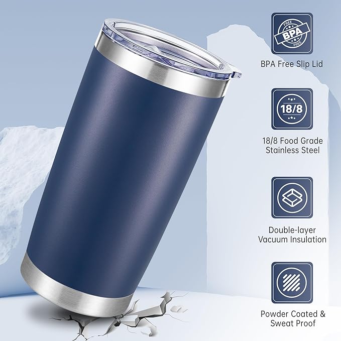 20 oz Tumblers Bulk Stainless Steel Tumbler with Lid Double Wall Vacuum Insulated Coffee Mug 20oz Powder Coated Cup for Hot and Cold Drinks, Navy, 12 pack
