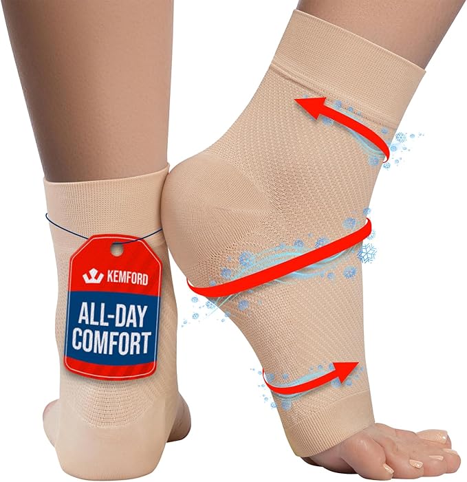 KEMFORD Ankle Compression Sleeve with Cooling Effect - Plantar Fasciitis Braces - Open Toe Compression Socks for Swelling, Sprain, Neuropathy, Arch Support for Men and Women - M, Beige