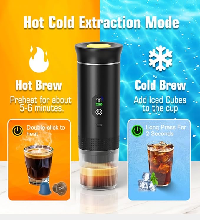 Portable Electric Coffee Maker, Digital Display, Compatible with Coffee Pods,Rechargeable Coffee Machine for Travel, Camping, RV,Home,Office (white)