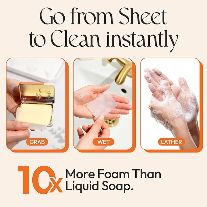 FOMIN - Antibacterial Paper Soap Sheets Tin for Traveling - (100 Sheets) Orange Portable Travel Hand Soap Sheet, Dissolvable Mini Camping Hand Soap for Hand Washing