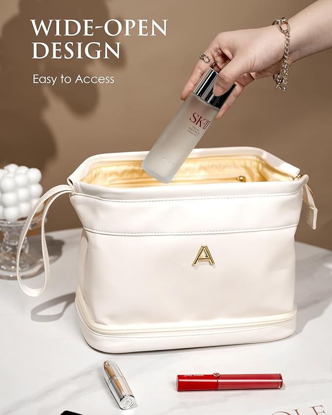Teen Girl Gifts Trendy Stuff, Initial Makeup Bags, Personalized Double Layer Cosmetic Bag with Makeup Brush Organizer, Grandma Birthday Gifts, PU Leather Toiletry Bag, Gifts for Women Friend