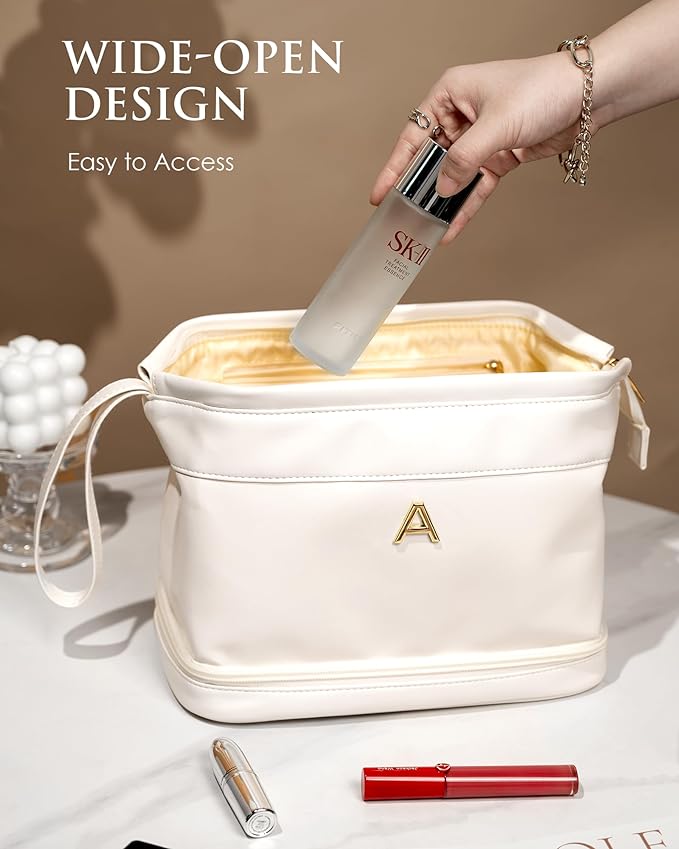 Wedding Gifts, Initial Makeup Bag, Daughter Gifts, Personalized Double Layer Cosmetic Bag with Makeup Brush Organizer, Large Capacity PU Leather Travel Toiletry Bag Cute Things for Girls