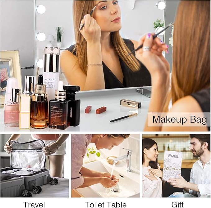 Travel Makeup Bag Organizer Cosmetic Bag: 3 Pcs Set Make up Bags for Women with Handle - Waterproof Vegan Leather Toiletry Bags with Comparments (C-03-Brown)