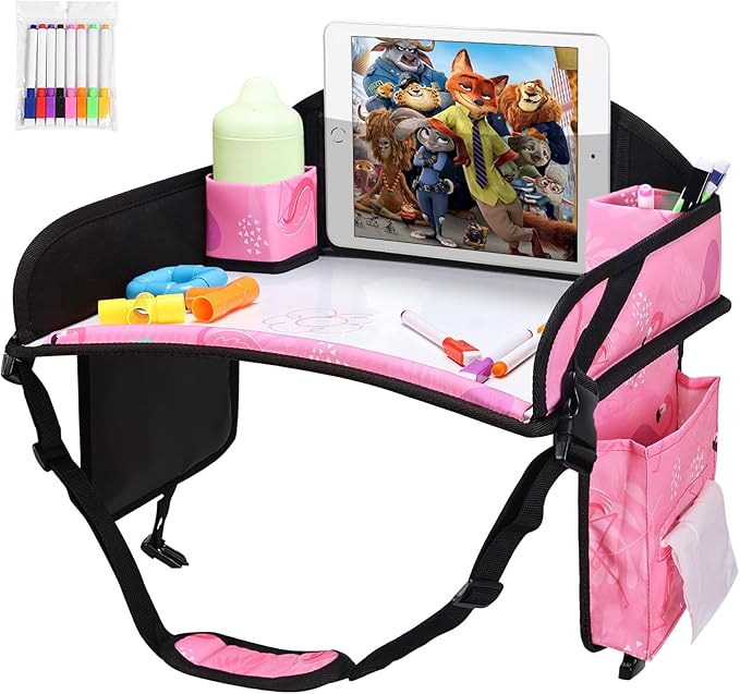 2PCS Kids Travel Tray, Car Seat Tray for kids Travel, Toddler Road Trip Essentials With Drawing Kit, Toddler Lap Desk Organizer for Car, Carseat Table for Airplane