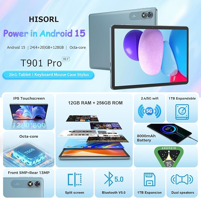 Android Tablet with Keyboard, Android 15 Tablet 10 inch with 24GB+128GB, 1TB Expand, 8-Core, 8000mAh, 5G WiFi, Widevine L1, GMS, with Case, Keyboard, Mouse, Stylus(Pink)