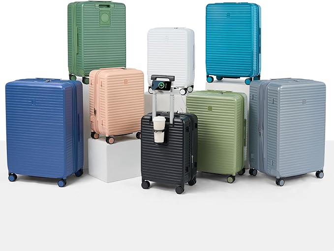 Hard Shell Suitcases Travel Expandable Luggage, 24 Inch Check in Luggage with Spinner Wheels Cup Holder Charger Built in, Checked Medium Suitcase Lightweight Suitcases, Interstellar Blue