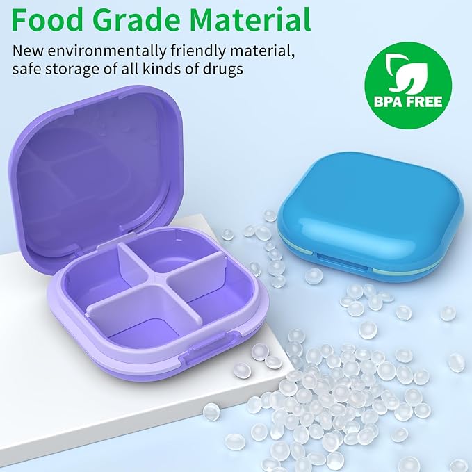 Daily Pill Organizer 4 Compartments, Small Pill Box Portable Travel Pill Case, Mini Pill Container for Purse Pocket, Compact Travel Medicine Organizer for Vitamin, Cod Liver Oil, Supplement