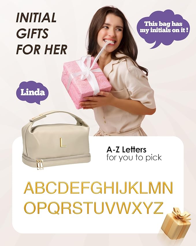 Bridal Gifts, Travel Makeup Bag, Personalized Double Layer Cosmetic Toiletry Bag White Makeup PU Bag Letter Bride Purse Waterproof Portable Zipper Wedding Bridesmaid Gift