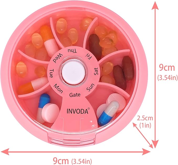 INVODA Weekly Pill Organizer 7 Compartment Rotating Pill Box for Daily Medication & Vitamins - Portable Travel Pill Case Fish Oil Supplements Vitamins Organizer (4 Pill Box+ 4 Bag)
