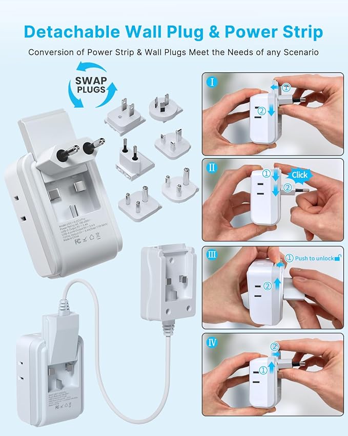 VINTAR Universal Travel Adapter Kit, 5ft Detachable Extension Cord with 4 AC Outlets & 3 USB(2 USB C), Type A/C/G/D/I/M International Power Adaptor for US to Europe UK India South Africa Japan