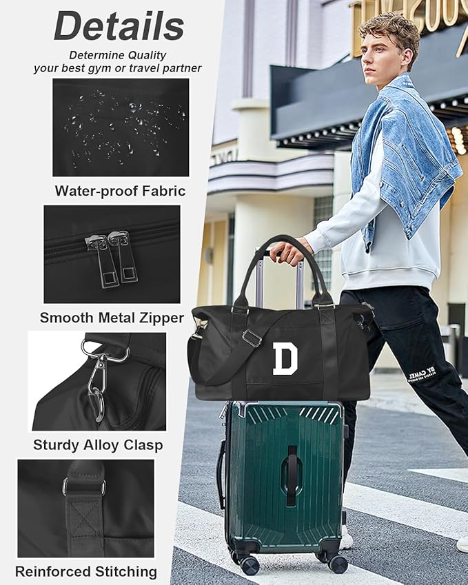 Initial Travel Duffel Bag Sports Gym Bag for Boys Teen Birthday Gifts,Black Personalized Weekender Bag Carry On Tote Bags for Men,Waterproof Overnight Luggage Bag Airplane Travel Essentials(Letter D)