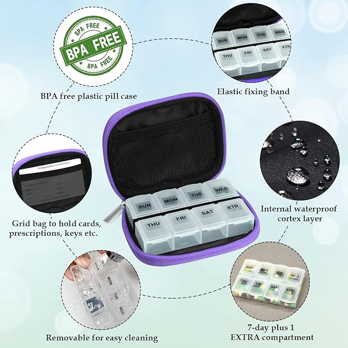 Serfeymi Weekly Travel Pill Organizer Pill Case for Purse with Removable 7 Day Pill Box, Fashionable Travel Medicine Organizer Pill Container for Medicine, Vitamin - Purple 02