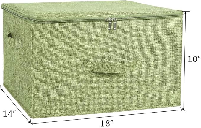 ANMINY 2PCS Storage Bins with Zipper Lids 36 Qt Lidded Fabric Storage Boxes Baskets Cubes with Handles Collapsible Washable Cotton Linen Closet Shelf Clothes Organizer Containers - Green, Large
