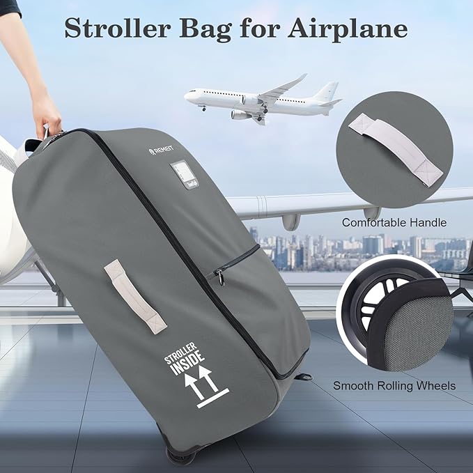 Stroller Bag for Airplane, Stroller Travel Bag Compatible with UPPAbaby Vista, Vista V2, Cruz V2, Rolling Wheel Bag with Storage Pocket, Multiple Handles, Luggage Tag for Flight Travel, Grey
