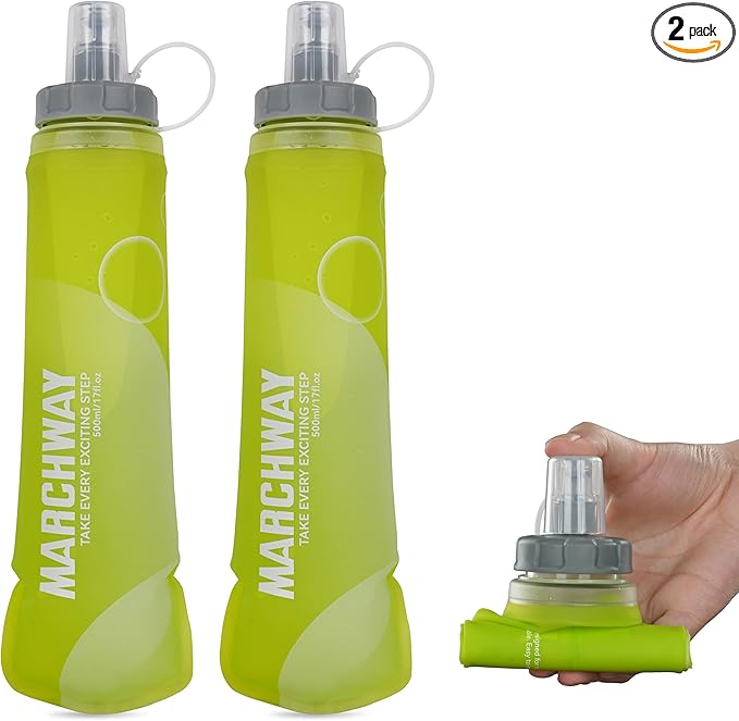 MARCHWAY Soft Hydration Flask with Wide Mouth, 300ml/500ml Collapsible TPU Water Bottle, Leakproof Portable Flexible for Running, Hiking, Cycling, Climbing, Gym, Travel (2pcs Yellow 300ml)