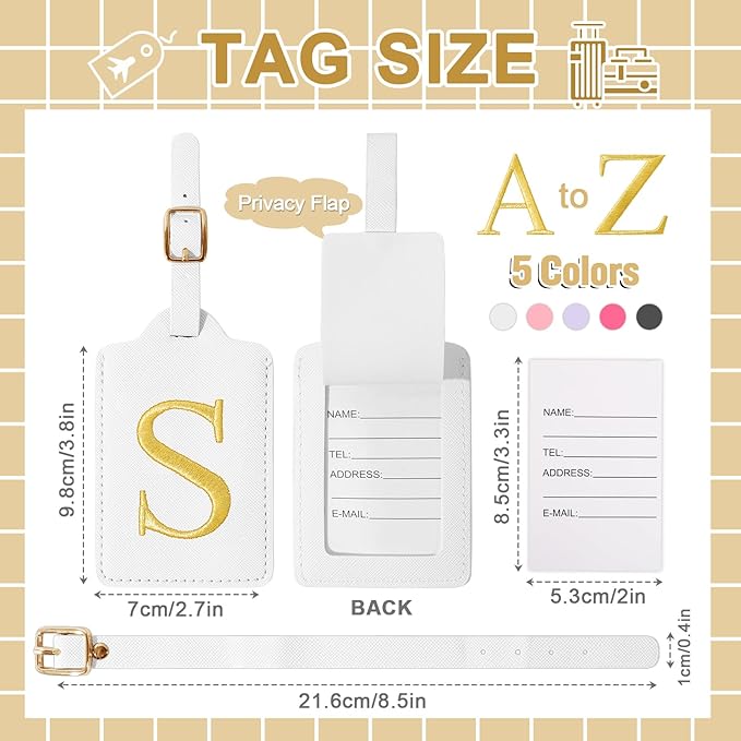 Personalized Initial Luggage Tags for Suitcase TSA Approved, White Leather Cute Luggage Tag with Privacy Cover Name Card, Embroidered Custom Luggage Tags Travel Baggage Tags Gifts for Women Kids(S)