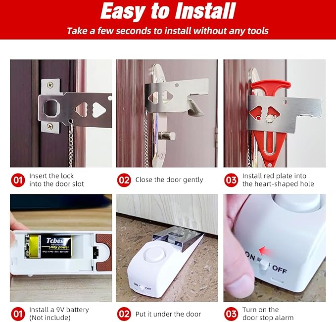 Portable Door Stop Alarm and Traveling Hotel Door Lock, No Installation Required, Provides Double Security for Home, Hotel and Traveling (2 Door Lock + 3 Door Stop)