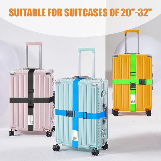BILIONE Luggage Straps 88 inch Adjustable Suitcase Belt, Lockable Against Accidental Opening, Easy to Identify Travel Accessories, Add a Bag Connector (Vibrant Blue + Green, 4)