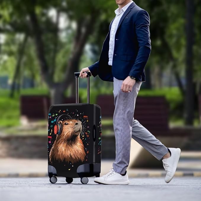 Capybara Luggage Cover Fits 30-32 Inch Luggage Anti-Scratch Spandex Zipper Suitcase Cover Protector Washable Stretchable Travel Baggage Case Cute Travel Essential, Music Note, Size XL