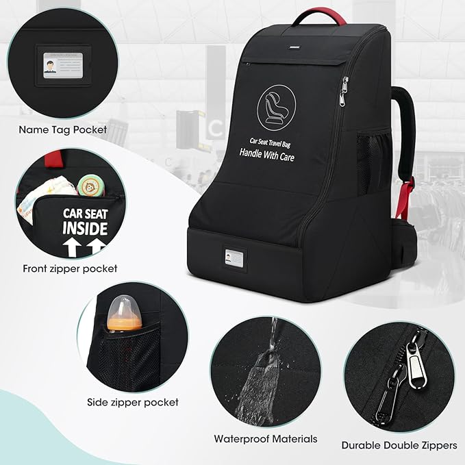 RAINSMORE Padded Car Seat Travel Bag for Airplane Heavy Duty Car Seat Backpack for Air Travel Baby Carseat Cover Bags for Airport Large Car Seats Carrier Fits Car Seats & Booster Seats, Black