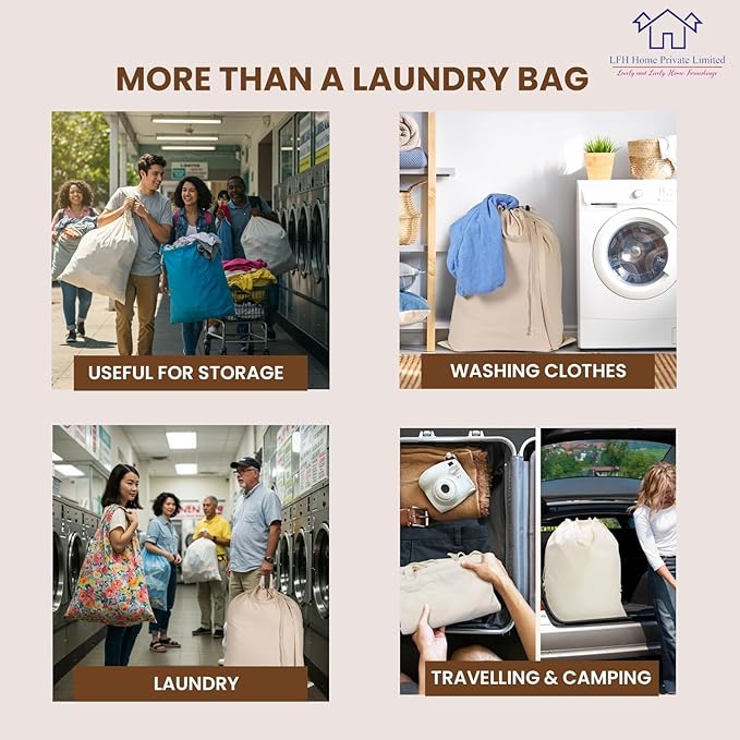 LFH Home Large Premium 100% Cotton Canvas Laundry Bag with Drawstring and Handles Heavy Duty, Multi-Use, and Washable for Home, Travel, College or Storage 28x40 (Pack of 2)-Natural
