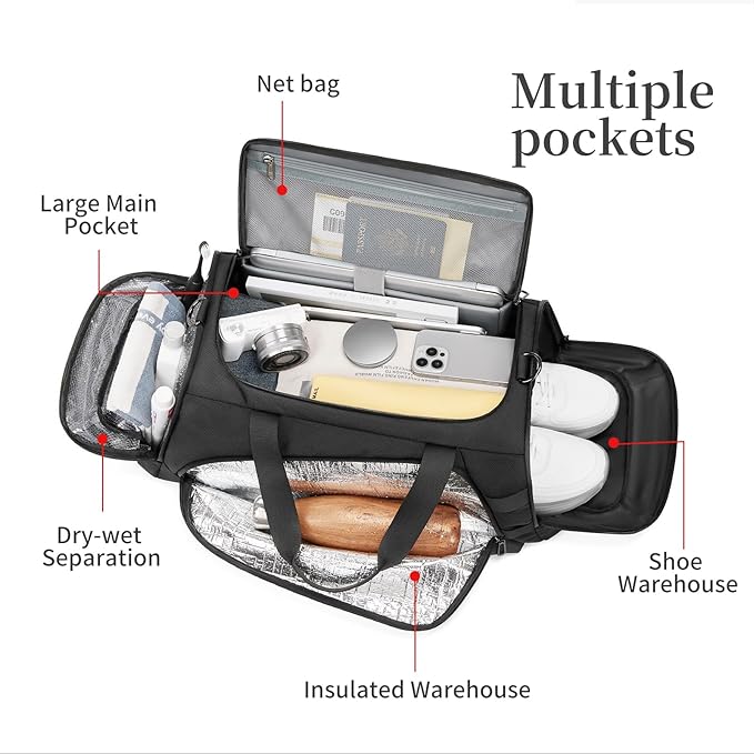 Duffle Bag for Travel, Carry on Gym Bag for Men, Waterproof Sport Bags with Shoe Compartment, 40L Weekender Men Tote Bag for Camping, Hiking, Trips - Black (CORDURA®)