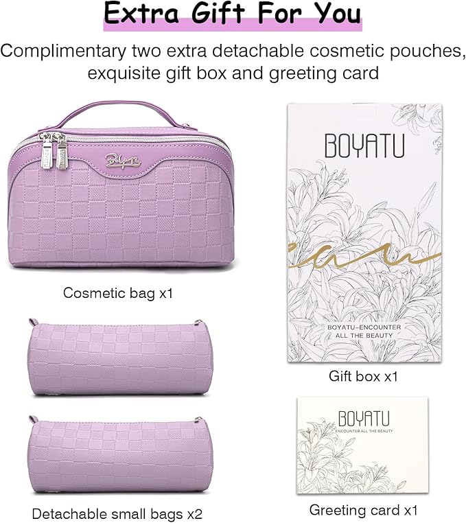 Travel Makeup Bag Organizer Cosmetic Bag: 3 Pcs Set Make up Bags for Women with Handle - Waterproof Vegan Leather Toiletry Bags with Comparments (C-01-Purple)